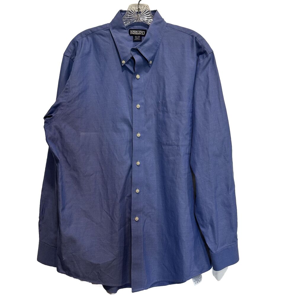 Lands End Men's Long Sleeve Button Down Cotton Blue Dress Shirt Size 16.5- 35
